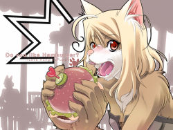 Rule 34 | ^^^, animal ears, blonde hair, eating, english text, fangs, food, furry, burger, heart, highres, holding, open mouth, sumomo kpa, tongue