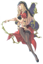 Rule 34 | 1girl, blonde hair, long hair, odin sphere, plant, puff and slash sleeves, puffy sleeves, purple eyes, simple background, skirt, smile, solo, striped clothes, striped thighhighs, takamizawa maya, takamizawa mayu, thighhighs, vanillaware, velvet (odin sphere), vertical-striped clothes, vertical-striped thighhighs, vines