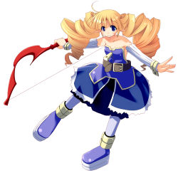Rule 34 | archer (disgaea), bad id, bad pixiv id, bare shoulders, belt, blonde hair, blue eyes, blush, boots, bow, demon girl, detached sleeves, disgaea, dress, drill hair, long hair, pointy ears, solo, theta (ponkotsu works), thighhighs, twintails