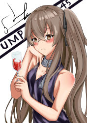 Rule 34 | 1girl, absurdres, bad id, bad pixiv id, brown eyes, brown hair, collarbone, cup, dress, drinking glass, girls&#039; frontline, hair ribbon, hand on own head, highres, hoppo, long hair, looking at viewer, official alternate costume, purple dress, ribbon, scar, scarf, solo, speech bubble, ump45 (diamond flower) (girls&#039; frontline), ump45 (girls&#039; frontline), white background
