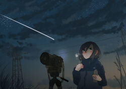 Rule 34 | 1girl, black hair, blue jacket, blush, breath, camera, closed mouth, cloud, commentary request, grass, hair between eyes, inami hatoko, jacket, long sleeves, night, night sky, original, outdoors, power lines, purple eyes, shooting star, sidelocks, sky, solo, steam, thermos, transmission tower, tripod