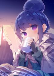 Rule 34 | 1girl, black gloves, blue hair, blush, chikuwa., covered mouth, cup, fingerless gloves, from side, gloves, hair bun, head tilt, highres, holding, looking at viewer, mug, outdoors, pink eyes, shawl, shima rin, single hair bun, sitting, solo, tent, yurucamp