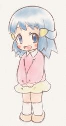 Rule 34 | 1girl, aged down, blue eyes, blue hair, blush stickers, collared shirt, commentary request, creatures (company), dawn (pokemon), full body, game freak, hair ornament, hairclip, highres, kabisuke, kneehighs, long hair, long sleeves, looking at viewer, nintendo, open mouth, orange footwear, pink sweater, pokemon, pokemon (anime), pokemon dppt (anime), shirt, shoes, sidelocks, skirt, smile, socks, solo, standing, sweater, tongue, white shirt, white socks, yellow skirt