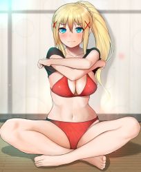Rule 34 | 1girl, bare legs, barefoot, black shirt, blonde hair, blue eyes, blush, bra, braid, breasts, cleavage, closed mouth, clothes lift, collarbone, commentary, darkness (konosuba), gatchan, hair between eyes, hair ornament, highres, indian style, indoors, kono subarashii sekai ni shukufuku wo!, large breasts, lifting own clothes, long hair, looking at viewer, navel, no pants, panties, ponytail, red bra, red panties, revision, shirt, shirt lift, sitting, solo, spread legs, stomach, underwear, wavy mouth, wooden floor, x hair ornament