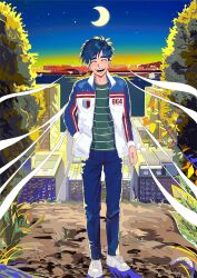 Rule 34 | 1boy, absurdres, black hair, blue jacket, blue pants, building, cel shading, city, closed eyes, commentary request, crescent moon, dirt, full body, gradient sky, green shirt, hand in pocket, highres, jacket, l00kin, letterman jacket, long sleeves, male focus, medium bangs, moon, night, open clothes, open jacket, open mouth, pants, shirt, shoes, short hair, sky, smile, sneakers, solo, standing, star (sky), starry sky, striped clothes, striped jacket, striped shirt, teeth, tobaku haouden zero, tongue, tree, ukai zero, upper teeth only, white footwear, white jacket