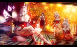 Rule 34 | 3d, 4girls, alcohol, animal ears, autumn, autumn leaves, bottle, breasts, cleavage, commentary, cup, fox ears, fox tail, highres, japanese clothes, kitsune, large breasts, long hair, miko, mother and daughter, multiple girls, multiple tails, original, saiko psycho, sakazuki, sake, sake bottle, siblings, sisters, tail, white hair