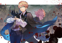 Rule 34 | 2boys, adjusting clothes, adjusting gloves, ascot, back-to-back, black ascot, black gloves, black pants, blonde hair, blood, blood on clothes, blood splatter, brooch, brown jacket, brown vest, building, collared shirt, cowboy shot, dual persona, fate/grand order, fate (series), glasses, gloves, green eyes, grin, hayama eishi, highres, holding, holding knife, jacket, jacket on shoulders, jekyll and hyde (fate), jewelry, knife, letterboxed, looking ahead, looking at viewer, male focus, multiple boys, open clothes, open vest, outside border, pants, parted lips, petals, pixiv fate/grand order contest 2, profile, red eyes, shirt, short hair, sideways glance, smile, spiked hair, suspenders, v-shaped eyebrows, vest, white shirt
