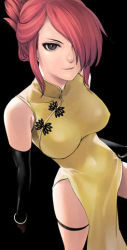 Rule 34 | 1girl, akatsuki blitzkampf, black eyes, bracelet, breasts, china dress, chinese clothes, doujin game, dress, earrings, elbow gloves, gloves, hair up, impossible clothes, impossible dress, jewelry, marilyn sue, medium breasts, no panties, red hair, short hair, side slit, simple background, smile, solo, standing, thigh strap, thighs, turtleneck, yellow dress