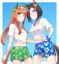 Rule 34 | 2girls, air groove (umamusume), animal ears, aqua eyes, blue background, blue eyes, blue shorts, blunt bangs, border, bra strap, breasts, brown hair, clothes writing, commentary request, cowboy shot, crop top, floral print, gaze on me! outfit (umamusume), green shorts, hairband, highres, holding hands, horse ears, large breasts, long hair, looking at viewer, midriff, multiple girls, navel, orange hair, outside border, shirt, short hair, short sleeves, shorts, sidelocks, silence suzuka (umamusume), simple background, standing, stomach, sugamo (rainysnowy108), tail, thighs, tied shirt, umamusume, very long hair, white border, white hairband, white shirt