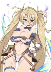 Rule 34 | 1girl, armor, bare shoulders, bikini, bikini bottom only, unworn bikini top, blonde hair, blue eyes, blush, bradamante (fate), bradamante (third ascension) (fate), braid, breasts, covering privates, covering breasts, detached collar, elbow gloves, fate/grand order, fate (series), faulds, french braid, gloves, hair between eyes, highleg, highleg bikini, highres, hip focus, long hair, looking at viewer, medium breasts, navel, open mouth, shiruhino, simple background, solo, swimsuit, thigh strap, thighs, twintails, very long hair, white background, white bikini