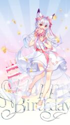 Rule 34 | 1girl, animal ear fluff, animal ears, ankle bow, ankle ribbon, anklet, back bow, bare legs, birthday, birthday cake, bouquet, bow, cake, cherry blossoms, confetti, covered mouth, covering own mouth, dress, dress flower, english text, flower, food, fox ears, fox tail, full body, gradient background, hair flower, hair ornament, hair ribbon, happy birthday, highres, holding, holding bouquet, jewelry, jinguuji tamamo, layered dress, leg ribbon, long hair, official art, pink flower, red eyes, red ribbon, revdol, ribbon, short dress, sleeveless, sleeveless dress, solo, standing, standing on one leg, tail, v-shaped eyebrows, virtual youtuber, wedding dress, white bow, white dress, white footwear, white hair