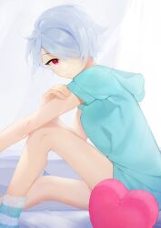 Rule 34 | 1girl, aqua hoodie, arm on knee, commentary request, feet out of frame, frown, grey hair, hair over one eye, hand on own arm, heart, heart-shaped pillow, hood, hood down, isabella (love live!), knee up, looking at viewer, love live!, love live! school idol festival, pillow, pink eyes, short hair, short sleeves, sitting, socks, solo, striped clothes, striped socks, swept bangs, tori (game28)