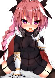 Rule 34 | 1boy, :d, adapted costume, arm support, astolfo (fate), bed sheet, between legs, black bodysuit, black bow, black gloves, black thighhighs, blush, bodysuit, bow, braid, clenched hand, cloak, commentary request, covered navel, cowboy shot, eyelashes, eyes visible through hair, fang, fate/apocrypha, fate (series), fur-trimmed cloak, fur collar, fur trim, garter straps, gauntlets, gloves, gold trim, hair between eyes, hair bow, hair intakes, hand between legs, hand up, heart, heart-shaped pupils, highres, jitome, long hair, long sleeves, looking at viewer, male focus, multicolored hair, mutou mame, nose blush, open mouth, pink hair, purple eyes, raised eyebrows, ribbed bodysuit, simple background, single braid, sitting, skin tight, skindentation, smile, solo, spread legs, streaked hair, symbol-shaped pupils, thighhighs, trap, turtleneck, two-tone hair, very long hair, wavy mouth, white background, white cloak, white hair