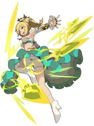 Rule 34 | 1girl, aqua nails, arm up, armpits, artist request, asymmetrical footwear, bare shoulders, blonde hair, boots, breasts, detached sleeves, electricity, female focus, frilled skirt, frills, from behind, full body, green eyes, hair ornament, halterneck, happy, high heels, highres, jewelry, jumping, kneepits, kunai, leg up, long hair, looking at viewer, looking back, medium breasts, nail polish, non-web source, official art, open mouth, outstretched arm, pocket, ponytail, pouch, ring, roselia (world flipper), short shorts, shorts, sidelocks, simple background, single thigh boot, skirt, smile, solo, thigh boots, thigh pouch, thighhighs, transparent background, uneven footwear, upskirt, weapon, white footwear, white shorts, white sleeves, world flipper