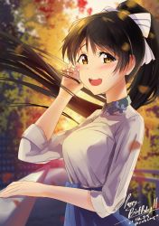 Rule 34 | 1girl, absurdres, artist name, autumn, birthday, black hair, blush, breasts, commentary, dated, english text, happy birthday, hazuki ren, high ponytail, highres, long hair, looking at viewer, love live!, love live! superstar!!, medium breasts, ponytail, sleeves pushed up, smile, solo, tree, upper body, yellow eyes, zakimpo