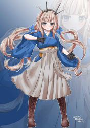 Rule 34 | 1girl, alternate costume, between breasts, black gloves, blue bow, blue kimono, boots, bow, breasts, brown footwear, cross-laced footwear, gloves, grey hakama, hair bow, hairband, hakama, hakama skirt, headgear, highres, japanese clothes, kantai collection, kimono, lace-up boots, light brown hair, long hair, low twintails, maryland (kancolle), medium breasts, meiji schoolgirl uniform, senon, skirt, standing, twintails, zoom layer