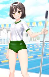 Rule 34 | 1girl, absurdres, black hair, blue sky, buruma, cloud, commentary request, cowboy shot, day, fantia commission, feet out of frame, green buruma, grin, gym shirt, gym uniform, hairband, highres, kantai collection, lane line, looking at viewer, mop, outdoors, pool, shirt, short hair, sky, smile, solo, string of flags, t-shirt, takafumi, tanikaze (kancolle), white hairband, white shirt, yellow eyes