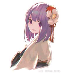 Rule 34 | 1girl, :d, chromatic aberration, cropped torso, floral print, flower, from behind, hair flower, hair ornament, hieda no akyuu, highres, kky, looking at viewer, looking back, open mouth, purple eyes, purple hair, short hair, smile, solo, touhou, twitter username, white background