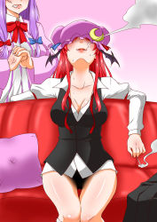 Rule 34 | 2girls, anger vein, angry, bat wings, biting own lip, blush, breasts, cigarette, cleavage, couch, cracking knuckles, demon girl, hat, head wings, highres, koakuma, long hair, long sleeves, multiple girls, no panties, open clothes, patchouli knowledge, purple hair, red hair, red neckwear, shiraue yuu, smile, smoking, touhou, very long hair, wings