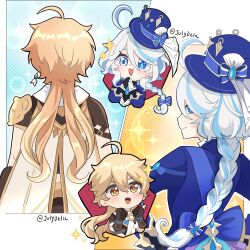 Rule 34 | 1boy, 1girl, aether (genshin impact), ahoge, alternate hairstyle, arm armor, armor, artist name, asymmetrical gloves, back, back bow, black gloves, black shirt, blonde hair, blue background, blue bow, blue eyes, blue gemstone, blue hair, blue headwear, blue jacket, blush, border, bow, braid, brown pants, brown shirt, clenched hands, collared vest, drop-shaped pupils, earrings, from behind, furina (genshin impact), gem, genshin impact, gloves, gradient hair, hair between eyes, hair bow, hands on own hips, hands up, hat, hat bow, hat ornament, heterochromia, highres, jacket, jewelry, julydelic, long hair, long sleeves, looking at another, looking at viewer, looking back, low twintails, mismatched pupils, multicolored hair, open clothes, open jacket, open mouth, orange background, outside border, own hands together, pants, scarf, shirt, short sleeves, shoulder armor, single earring, smile, sparkle, sparkle background, standing, star (symbol), striped, striped bow, symbol-shaped pupils, tongue, top hat, twintails, two-tone hair, v-shaped eyebrows, vest, white border, white gloves, white hair, white scarf, white vest, yellow eyes