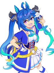 Rule 34 | 1girl, :d, ahoge, animal ears, aqua hair, aramid (prism dopant), belt, black ribbon, blue dress, blue eyes, blue hair, blue jacket, boots, commentary, cowboy shot, cropped jacket, crossed bangs, dress, drill hair, drill sidelocks, glorious azure costume (umamusume), gloves, gradient hair, hair ribbon, hand on own hip, heterochromia, highres, horse ears, horse girl, horse tail, idol, jacket, knee boots, long hair, looking at viewer, multicolored hair, open mouth, pleated dress, pointing, pointing at self, purple eyes, ribbon, sharp teeth, short dress, short sleeves, sidelocks, smile, solo, standing, tail, teeth, thighhighs, twin turbo (umamusume), twintails, two-tone hair, umamusume, very long hair, white footwear, white gloves, white thighhighs, yellow belt