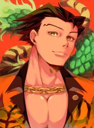 Rule 34 | 1boy, ace attorney, alternate costume, black hair, chain, collar chain (jewelry), collared shirt, dragon, furio tigre, highres, hiluta, looking at viewer, male focus, mature male, medal, muscular, muscular male, open clothes, open shirt, pectorals, phoenix wright, phoenix wright: ace attorney, shirt, smile, solo, spiked hair, tiger, upper body, yellow eyes