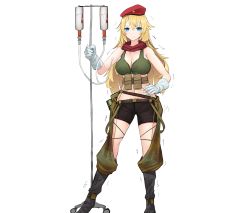 Rule 34 | 1girl, absurdres, ak-47 (girls&#039; frontline), beret, black footwear, black shorts, blonde hair, blue eyes, boots, breasts, cleavage, closed mouth, dropper, full body, girls&#039; frontline, gloves, green tank top, hand on own hip, hat, hat ornament, highres, holding, long hair, looking at viewer, medium breasts, navel, red hat, red scarf, scarf, shorts, smile, solo, standing, star (symbol), star hat ornament, tank top, trembling, white background, white gloves, yanagui