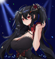 Rule 34 | 1girl, absurdres, artist name, azur lane, bare shoulders, black dress, breasts, cleavage, dress, frilled dress, frills, hair between eyes, hair ornament, highres, large breasts, long hair, looking at viewer, red eyes, sleeveless, sleeveless dress, solo, strapless, strapless dress, taihou (azur lane), taihou (muse) (azur lane), twintails, very long hair, yuuri vv