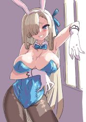 Rule 34 | 1girl, asuna (blue archive), asuna (bunny) (blue archive), badluck2033, blonde hair, blue archive, blue eyes, blue leotard, blush, bow, bowtie, breasts, detached collar, gloves, hair over one eye, large breasts, leotard, long hair, looking at viewer, pantyhose, playboy bunny, smile, solo, sweat, very long hair, white gloves