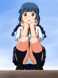 Rule 34 | 1girl, :o, black footwear, black socks, blue hair, blue skirt, blue sky, bow, bowtie, braid, brown eyes, cloud, cloudy sky, commentary, crotch seam, day, dress shirt, head rest, highres, idolmaster, idolmaster million live!, kitakami reika, lielos, loafers, long hair, looking at viewer, low twin braids, low twintails, miniskirt, open mouth, outdoors, panties, pantyshot, plaid, plaid skirt, pleated skirt, red bow, red bowtie, school uniform, shirt, shoes, short sleeves, skirt, sky, socks, solo, squatting, twin braids, twintails, underwear, white panties, white shirt