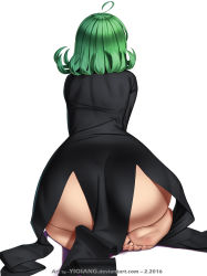 Rule 34 | 1girl, ass, back, barefoot, black dress, dress, feet, full body, green hair, highres, kneeling, no panties, no shoes, no socks, one-punch man, seiza, short hair, simple background, sitting, soles, solo, tatsumaki, toes, watermark, web address, white background, yiqiang
