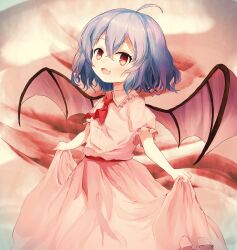 Rule 34 | 1girl, :d, abstract background, absurdres, ahoge, ar (maeus), ascot, bat wings, blue hair, blush, collared dress, cowboy shot, crossed bangs, dress, fang, frilled shirt collar, frilled sleeves, frills, hair between eyes, highres, holding, looking at viewer, looking to the side, muted color, open mouth, pink dress, puffy short sleeves, puffy sleeves, red ascot, red eyes, red sash, remilia scarlet, sash, short hair, short sleeves, skin fang, skirt hold, smile, solo, standing, touhou, wavy hair, wing collar, wings