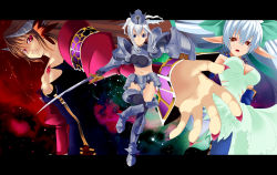 Rule 34 | 3girls, aasara, armor, bad id, bad pixiv id, black legwear, blue eyes, bow, breastplate, breasts, brown eyes, brown hair, cadena, chest jewel, cleavage, clothing cutout, crown, demon girl, detached sleeves, dress, fantasy, faulds, fighting stance, fingernails, floating hair, foreshortening, gauntlets, gem, gloves, greaves, hair between eyes, hair bow, hat, head wings, high ponytail, holding, holding weapon, horns, leg lift, letterboxed, light smile, long fingernails, long pointy ears, looking at viewer, lucent heart, medium breasts, midriff, multiple girls, nail, nail polish, navel, open mouth, outside border, outstretched arm, outstretched hand, parted lips, pauldrons, pointy ears, ponytail, puffy detached sleeves, puffy sleeves, purple nails, red eyes, selene (lucent heart), sharp fingernails, shield, shoulder armor, shoulder pads, side cutout, sidelocks, sky, smile, space, star (sky), star (symbol), starry sky, sword, theia, thighhighs, tosarayama, vambraces, weapon, white hair, wings, zettai ryouiki