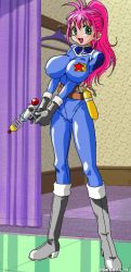 Rule 34 | 1girl, blue bodysuit, bodysuit, boots, breasts, fitting room, game cg, green eyes, gun, highres, looking at viewer, open mouth, pachinko sexy reaction, pink hair, ponytail, sammy, sugimoto miruru, weapon