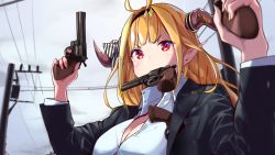 Rule 34 | 1girl, ahoge, alternate costume, black hairband, black suit, blonde hair, blush, bow, bowtie, breasts, buttons, cleavage, cloud, cloudy sky, collared shirt, commentary request, cosplay, diagonal-striped bow, dragon girl, dragon horns, dual wielding, formal, gun, gun in mouth, hairband, handgun, hands up, highres, holding, hololive, horn bow, horn ornament, horns, kiryu coco, lapel pin, large breasts, long hair, long sleeves, looking at viewer, multicolored eyes, multicolored hair, open clothes, orange hair, outdoors, partially unbuttoned, pointy ears, power lines, purple eyes, rain, red eyes, revolver, ryuu ga gotoku (series), ryuu ga gotoku 4, saejima taiga, saejima taiga (cosplay), shirt, sky, solo, streaked hair, striped, striped bow, suit, taut clothes, taut shirt, upper body, utility pole, v-shaped eyebrows, virtual youtuber, weapon, white shirt, yuyaiyaui