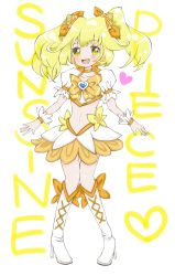 Rule 34 | 1girl, absurdres, blonde hair, boots, bow, brooch, character name, choker, color connection, cosplay, cure peace, cure sunshine, cure sunshine (cosplay), datemaki yamai, eyelashes, full body, hair flaps, heart, heart brooch, heartcatch precure!, highres, jewelry, kise yayoi, knee boots, long hair, magical girl, midriff, navel, precure, puffy sleeves, ribbon, smile, smile precure!, solo, teikiatsu, twintails, typo, white background, wrist cuffs, yellow bow, yellow eyes, yellow theme