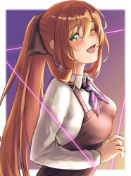 Rule 34 | 1girl, 3 small spiders, absurdres, apron, blush, breasts, brown apron, brown ribbon, from side, girls&#039; frontline, green eyes, hair ribbon, highres, long hair, looking at viewer, medium breasts, neck ribbon, one eye closed, open mouth, orange hair, ponytail, ribbon, shirt, simple background, smile, solo, springfield (girls&#039; frontline), upper body, white shirt