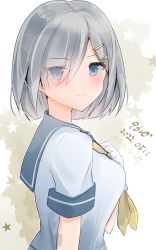 Rule 34 | 1girl, 9610 (kuroto), absurdres, back, blue eyes, breasts, dated, eyes visible through hair, gradient background, hair ornament, hair over one eye, hairclip, hamakaze (kancolle), highres, kantai collection, large breasts, looking at viewer, looking to the side, neckerchief, school uniform, serafuku, short hair, signature, solo, star (symbol), starry background, twitter username, upper body, white hair, yellow background, yellow neckerchief