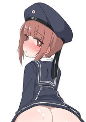 Rule 34 | 1girl, ame (amechan17391739), ass, blunt bangs, blush, bottomless, bright pupils, cum, cum on ass, hat, kantai collection, looking back, red eyes, red hair, sailor, sailor hat, school uniform, serafuku, short hair, sidelocks, simple background, sketch, white background, white pupils, z3 max schultz (kancolle)