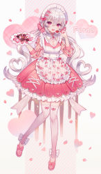 Rule 34 | 1girl, abandon ranka, absurdres, breasts, character name, chocolate, cleavage, clothing cutout, commentary request, dress, floral print, food, fruit, heart, heart cutout, highres, holding, holding plate, lolita fashion, long hair, maid, maid headdress, open mouth, original, pink dress, pink eyes, pink footwear, plate, shoes, smile, solo, strawberry, thighhighs, wavy hair, white hair, white thighhighs
