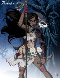 Rule 34 | 1girl, absurdres, animal, animal on shoulder, armor, black hair, blood, blood on clothes, blood on face, blood on hands, brown eyes, character name, commentary, contrapposto, dark-skinned female, dark skin, dress, english commentary, foaming at the mouth, highres, holding, holding knife, jeftoon01, jewelry, knife, long hair, meeko (disney), necklace, pocahontas, pocahontas (disney), polearm, raccoon, reverse grip, serious, short dress, signature, skull, spear, tree, very dark skin, weapon