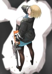 Rule 34 | 1girl, ammunition pouch, artist name, back, black footwear, black gloves, black hair, black jacket, black pantyhose, blonde hair, blue eyes, blue neckwear, blue skirt, blurry, blurry foreground, breasts, bullet, eyes visible through hair, from behind, full body, fur-trimmed jacket, fur trim, girls&#039; frontline, gloves, gun, hand in own hair, hand on own face, high heels, holding, holding gun, holding weapon, jacket, large breasts, load bearing vest, looking back, open clothes, open jacket, pantyhose, pencil skirt, pouch, ribbon, rifle, scope, shirt, shoes, short hair, simple background, skirt, solo, standing, striped neckwear, striped ribbon, trigger discipline, vsk-94 (girls&#039; frontline), weapon, white shirt, zuoteng lucha