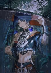 Rule 34 | 1boy, adjusting clothes, alternate costume, aoma (xuanzexuexi), arabian clothes, arm armor, armor, bare shoulders, black shirt, blue butterfly, blue eyes, blue flower, blue hair, blunt ends, bracer, bright pupils, bug, butterfly, corrupted twitter file, dark blue hair, earrings, eyeliner, eyeshadow, flower, genshin impact, gold trim, hat, highres, insect, japanese armor, jewelry, jingasa, kote, kurokote, looking at viewer, makeup, male focus, mandarin collar, navel, parted bangs, rain, red eyeliner, red eyeshadow, scaramouche (genshin impact), shirt, short hair, short sleeves, smile, veil, wanderer (genshin impact), white pupils