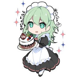Rule 34 | 1girl, byleth (female) (fire emblem), byleth (fire emblem), cake, dated, fire emblem, fire emblem: three houses, food, green eyes, green hair, holding, ijiro suika, long sleeves, maid, maid headdress, nintendo, open mouth, simple background, solo, twitter username, white background