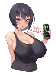 Rule 34 | 1girl, :o, bare shoulders, black hair, blue eyes, blush, breasts, can, cleavage, collarbone, commentary request, energy drink, grey nails, grey shirt, hair between eyes, highres, holding, holding can, kuavera, large breasts, looking at viewer, mole, mole under mouth, monster energy, multicolored hair, nail polish, open mouth, original, see-through, see-through shirt, shirt, short hair, simple background, sleeveless, sleeveless shirt, solo, streaked hair, upper body, white background