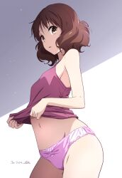 Rule 34 | 1girl, bare arms, breasts, brown eyes, brown hair, camisole, camisole lift, clothes lift, commentary request, dated, gekijouban hibike! euphonium, grey background, hibike! euphonium, highres, lifted by self, long hair, looking at viewer, navel, nii manabu, oumae kumiko, panties, parted lips, pink camisole, pink panties, short hair, signature, small breasts, solo, standing, stomach, thighs, two-tone background, underwear, white background