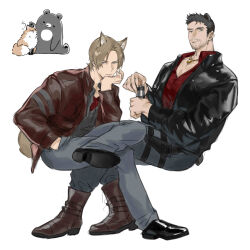 Rule 34 | 2boys, absurdres, animal ears, animalization, bara, bear boy, bear ears, beard, brown hair, chibi, chibi inset, chris redfield, denim, elbow rest, facial hair, fox boy, fox ears, full body, highres, invisible chair, jacket, jeans, large pectorals, leather, leather jacket, leon s. kennedy, male focus, mature male, multiple boys, muscular, muscular male, naijarski, pants, pectoral cleavage, pectorals, red shirt, resident evil, resident evil 4, resident evil 4 (remake), shirt, short hair, sitting, stubble, yaoi