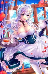 Rule 34 | 1girl, :d, apron, azur lane, belfast (azur lane), blue eyes, blue sky, blush, braid, breasts, chain, cleavage, cloud, collar, collarbone, corset, cup, curtains, day, dress, floating hair, french braid, frilled gloves, frills, gloves, head tilt, highres, holding, holding teapot, holding tray, indoors, irokiiro, jug (bottle), large breasts, light particles, long hair, looking at viewer, maid, maid headdress, ocean, open mouth, pantyhose, petals, saucer, sidelocks, silver hair, skindentation, sky, smile, solo, spoon, sunlight, teacup, teapot, tray, white gloves, white pantyhose, wind, wind lift, window