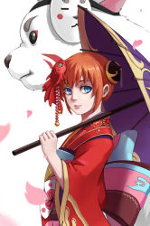 Rule 34 | 1girl, animal, bei ju luoxuan wan, bell, blue eyes, bun cover, carrying over shoulder, closed mouth, cosplay, dog, double bun, fish, fish hair ornament, floral print, from side, gintama, goldfish, hair bun, hair ornament, highres, holding, holding umbrella, japanese clothes, jingle bell, kagura (gintama), kagura (onmyoji), kagura (onmyoji) (cosplay), kanzashi, kimono, lips, looking at viewer, name connection, noh mask, oil-paper umbrella, onmyoji, orange hair, over shoulder, oversized animal, petals, sadaharu, sash, simple background, tassel, umbrella, white background, wide sleeves