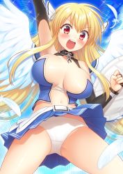 Rule 34 | 1girl, android, angel, angel wings, arm up, astraea (sora no otoshimono), blonde hair, blush, breasts, chain, choker, feathers, head wings, highres, huge breasts, long hair, nakamura hinato, navel, open mouth, panties, red eyes, skirt, sleeveless, solo, sora no otoshimono, underwear, wings